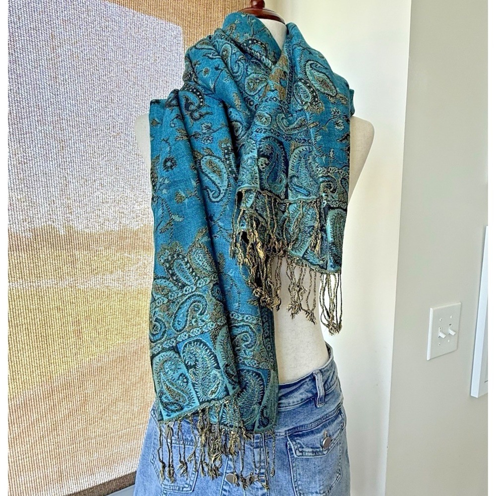 Paskmina Scarf Shawl Turquoise Black Gold Paisley Boho Wrap Fringe